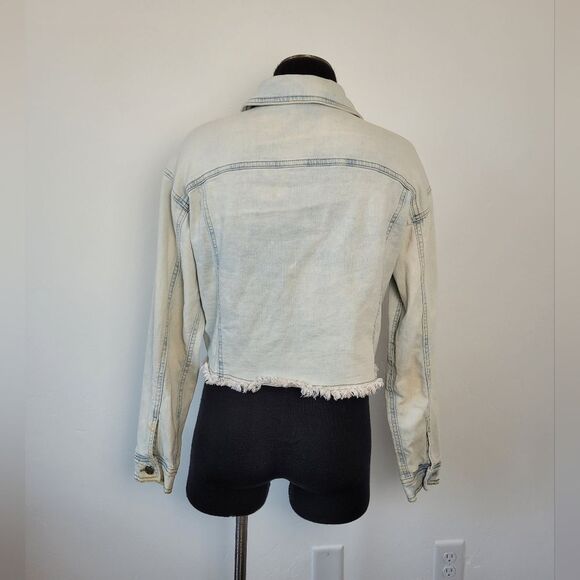 Venus Cropped Acid Wash Denim Jean Jacket Fringe Trim Grunge 90s Biker Small - Picture 12 of 14